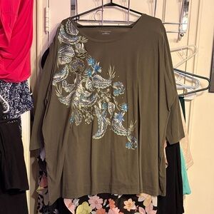 Catherines Olive and Blue Embellished 3/4 Sleeve Top